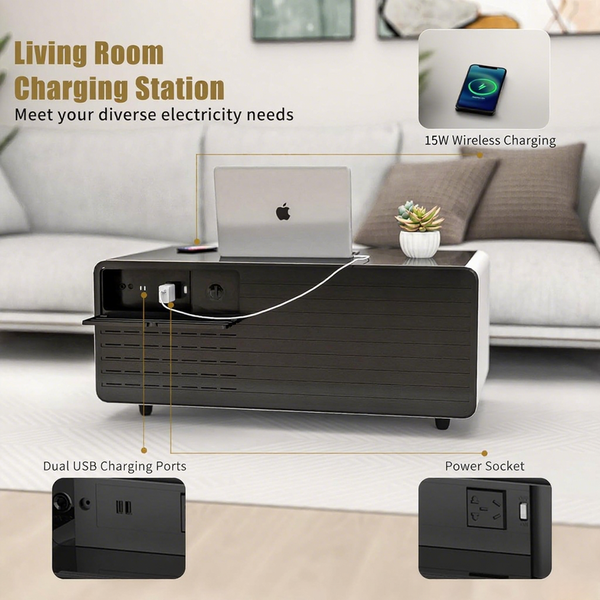 🌠Modern Smart Coffee Table with Built in Fridge, Outlet Protection,Wireless Charging, Mechanical Temperature Control, Power Socket, USB Interface and Ice Water Interface