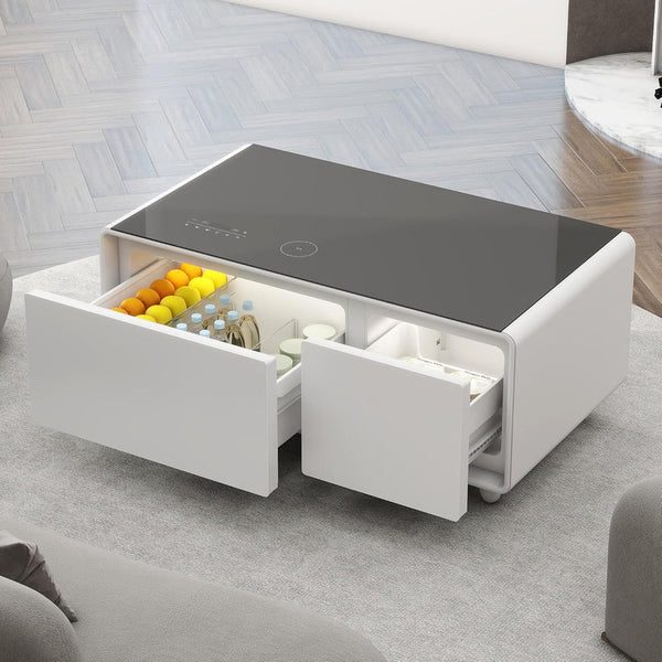 🌠Modern Smart Coffee Table with Built in Fridge, Outlet Protection,Wireless Charging, Mechanical Temperature Control, Power Socket, USB Interface and Ice Water Interface