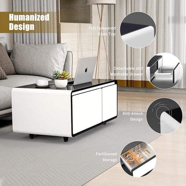 🌠Modern Smart Coffee Table with Built in Fridge, Outlet Protection,Wireless Charging, Mechanical Temperature Control, Power Socket, USB Interface and Ice Water Interface