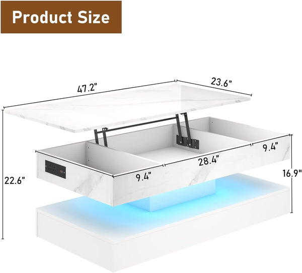 ✨47.2" Large Lift Top Coffee Table with Charging Station, LED Modern High Glossy Center Table with Hidden Compartment Storage, White Lift Living Room Tables with Marbling Print