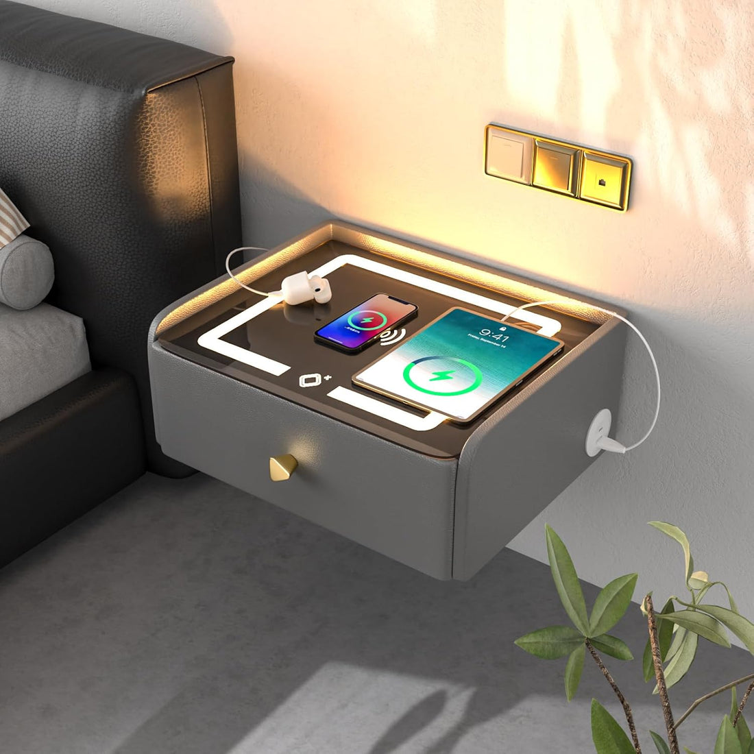 ✨Floating Nightstand with Charging Station, Smart Bedside Table Wall Mounted Nightstand