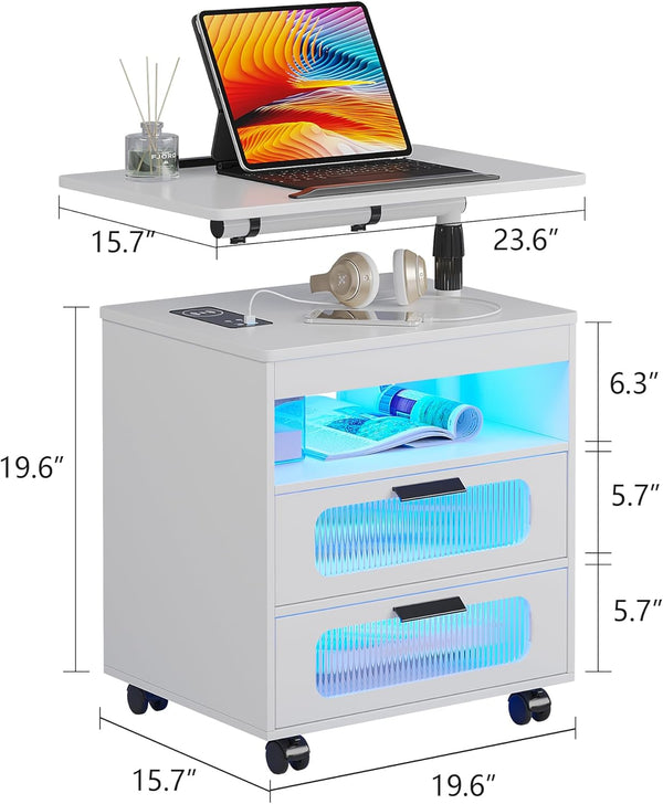 💡Nightstand with Wireless Charging Station, LED Nightstand Has Adjustable Rotary Workstation,Smart Night Stand with 2 Drawers,Modern Bedside Table for Bedroom, Sensor Light/Wheel