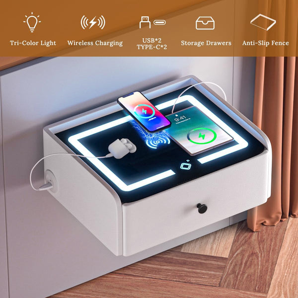 ✨Floating Nightstand with Charging Station, Smart Bedside Table Wall Mounted Nightstand