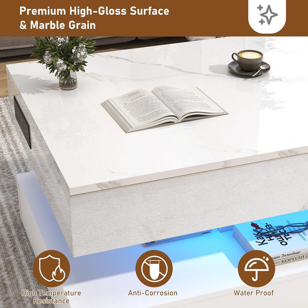✨47.2" Large Lift Top Coffee Table with Charging Station, LED Modern High Glossy Center Table with Hidden Compartment Storage, White Lift Living Room Tables with Marbling Print