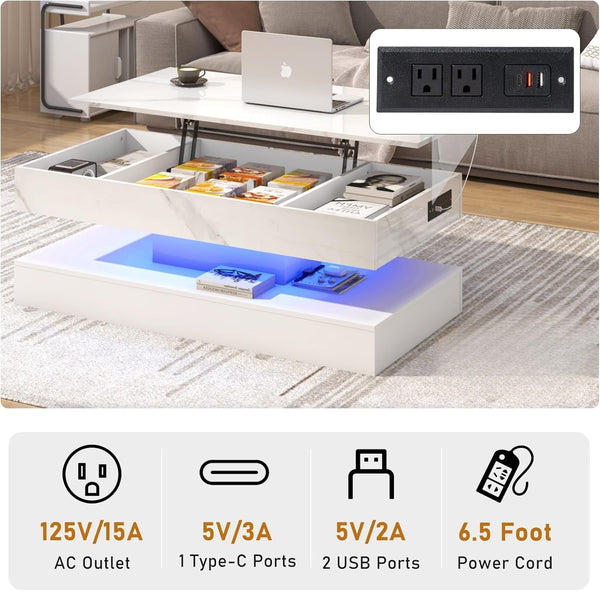 ✨47.2" Large Lift Top Coffee Table with Charging Station, LED Modern High Glossy Center Table with Hidden Compartment Storage, White Lift Living Room Tables with Marbling Print