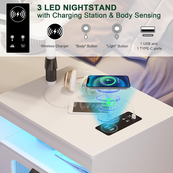 💡Nightstand with Wireless Charging Station, LED Nightstand Has Adjustable Rotary Workstation,Smart Night Stand with 2 Drawers,Modern Bedside Table for Bedroom, Sensor Light/Wheel