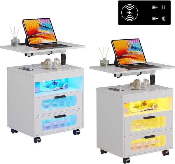 💡Nightstand with Wireless Charging Station, LED Nightstand Has Adjustable Rotary Workstation,Smart Night Stand with 2 Drawers,Modern Bedside Table for Bedroom, Sensor Light/Wheel