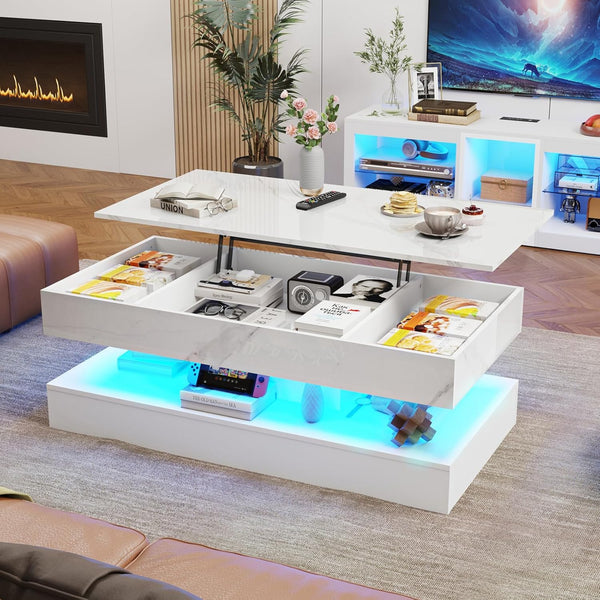 ✨47.2" Large Lift Top Coffee Table with Charging Station, LED Modern High Glossy Center Table with Hidden Compartment Storage, White Lift Living Room Tables with Marbling Print
