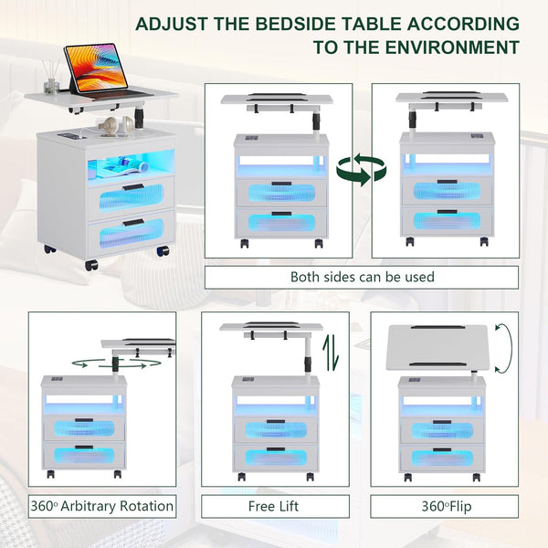 💡Nightstand with Wireless Charging Station, LED Nightstand Has Adjustable Rotary Workstation,Smart Night Stand with 2 Drawers,Modern Bedside Table for Bedroom, Sensor Light/Wheel