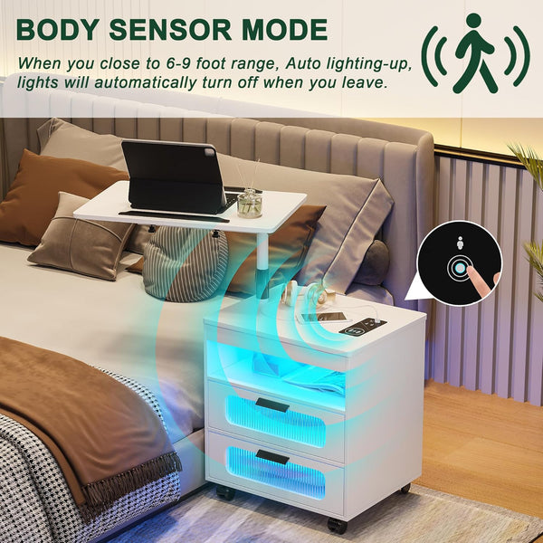 💡Nightstand with Wireless Charging Station, LED Nightstand Has Adjustable Rotary Workstation,Smart Night Stand with 2 Drawers,Modern Bedside Table for Bedroom, Sensor Light/Wheel