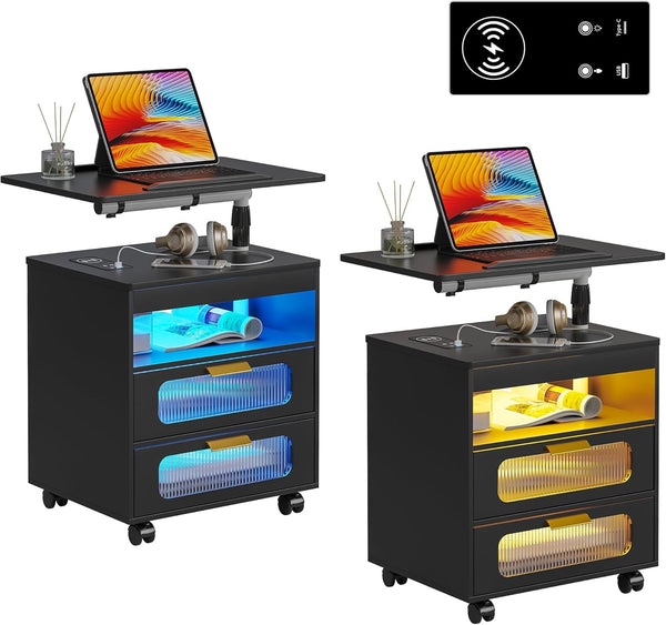 💡Nightstand with Wireless Charging Station, LED Nightstand Has Adjustable Rotary Workstation,Smart Night Stand with 2 Drawers,Modern Bedside Table for Bedroom, Sensor Light/Wheel
