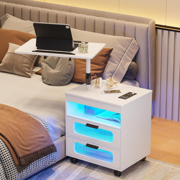 💡Nightstand with Wireless Charging Station, LED Nightstand Has Adjustable Rotary Workstation,Smart Night Stand with 2 Drawers,Modern Bedside Table for Bedroom, Sensor Light/Wheel