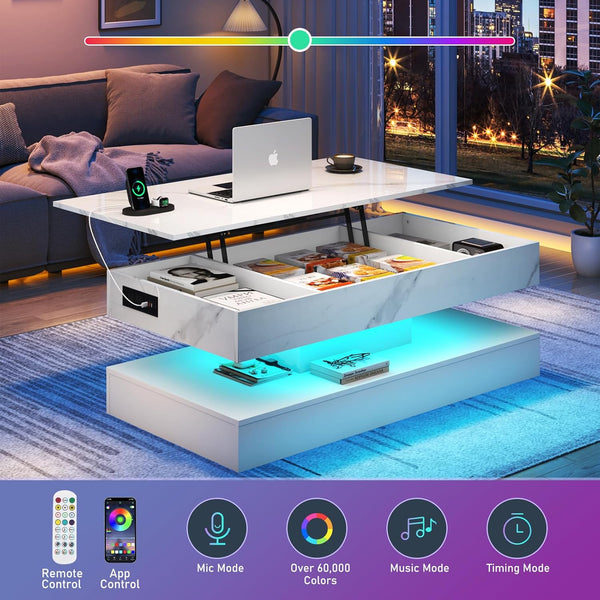 ✨47.2" Large Lift Top Coffee Table with Charging Station, LED Modern High Glossy Center Table with Hidden Compartment Storage, White Lift Living Room Tables with Marbling Print