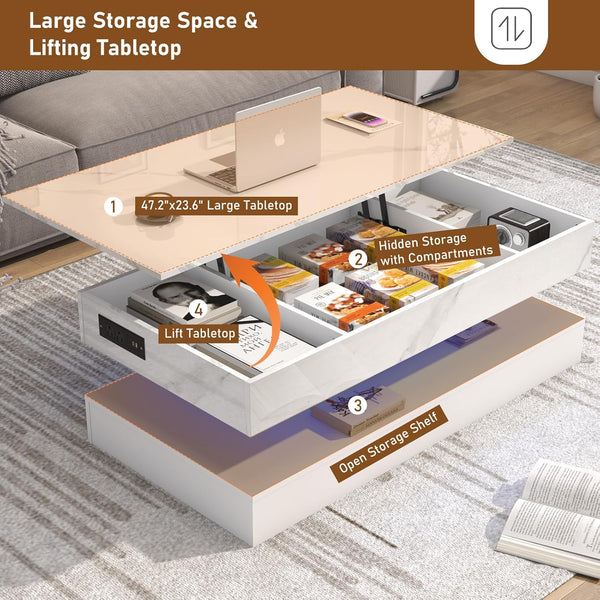 ✨47.2" Large Lift Top Coffee Table with Charging Station, LED Modern High Glossy Center Table with Hidden Compartment Storage, White Lift Living Room Tables with Marbling Print