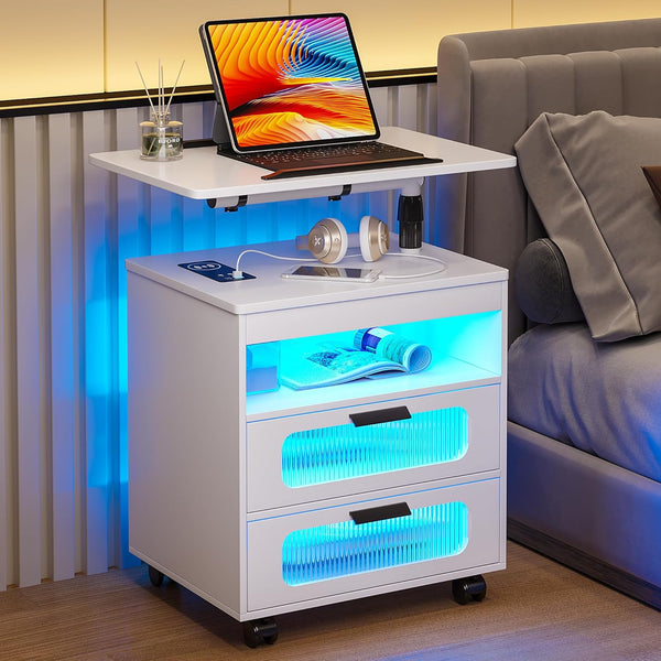 💡Nightstand with Wireless Charging Station, LED Nightstand Has Adjustable Rotary Workstation,Smart Night Stand with 2 Drawers,Modern Bedside Table for Bedroom, Sensor Light/Wheel