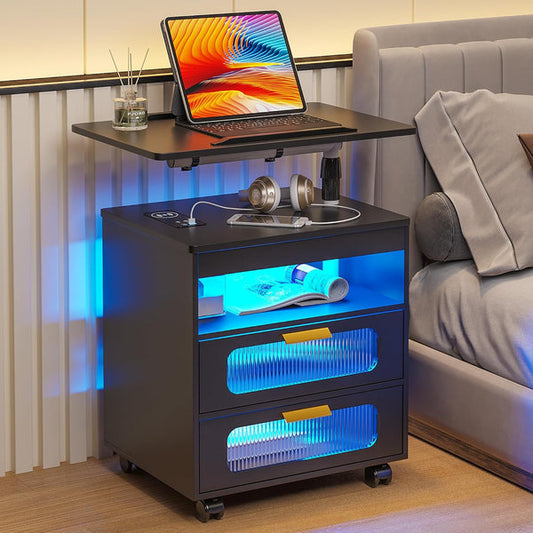 💡Nightstand with Wireless Charging Station, LED Nightstand Has Adjustable Rotary Workstation,Smart Night Stand with 2 Drawers,Modern Bedside Table for Bedroom, Sensor Light/Wheel